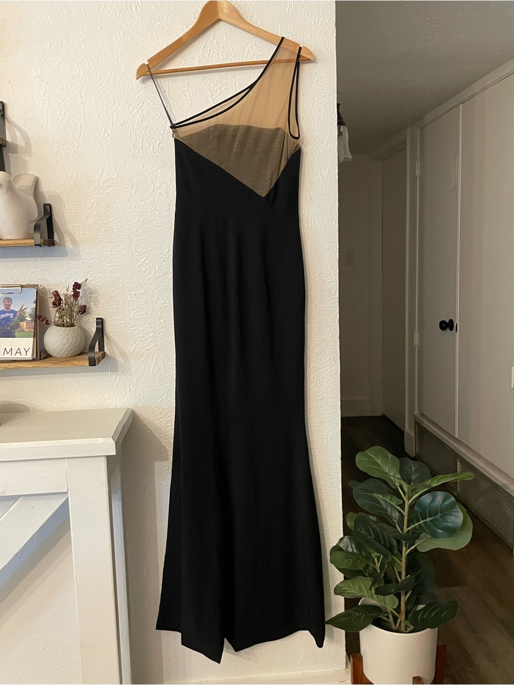 NWOT Dress the Population Black One Shoulder Evening Gown Nude Illusion Small - Picture 2 of 6